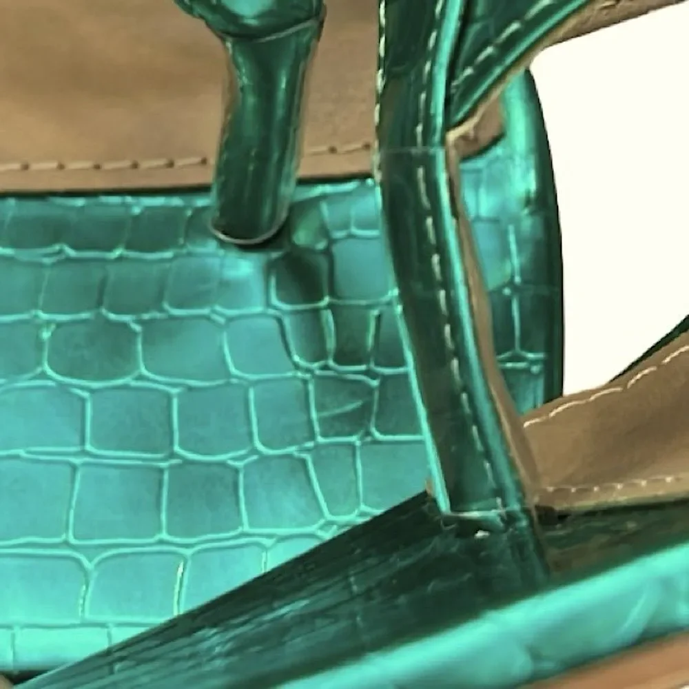 EGO Salma Teal Green Metallic Croc Pyramid Heel Tie Sandals Size 5